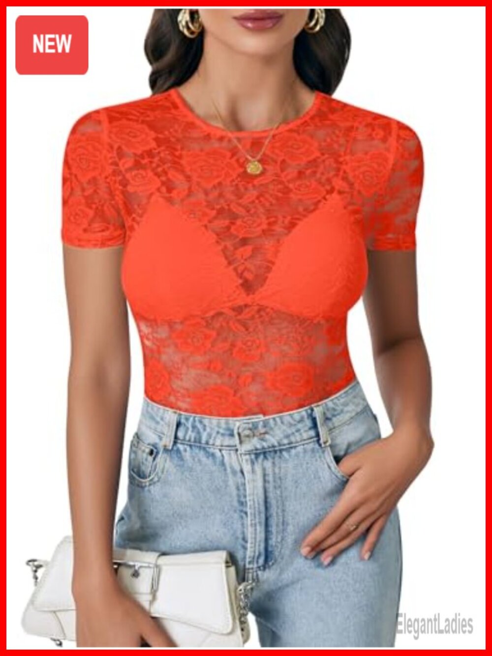 Sheer Floral Lace Mesh T-Shirt Slim Fit Crew Neck